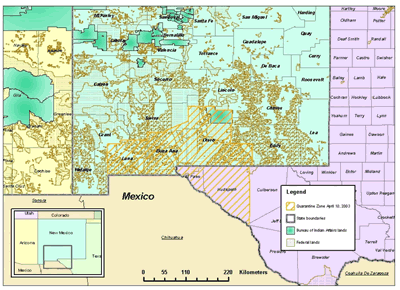 TX-NM county map showing quarantine areas as of 4-14-03